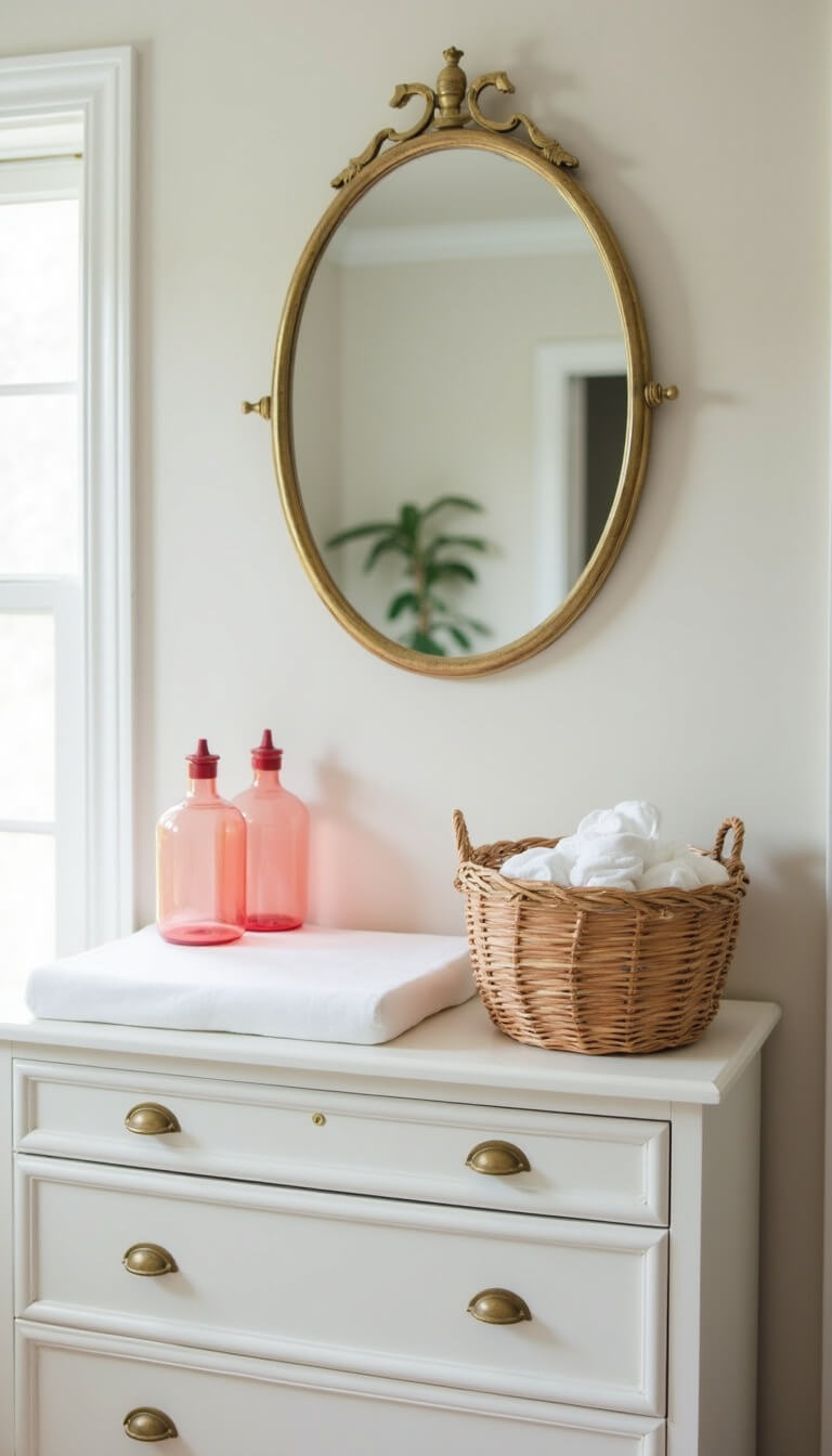 Vintage-style changing table with pink glass bottles, woven diaper basket, brass mirror, and white dresser in soft natural light.