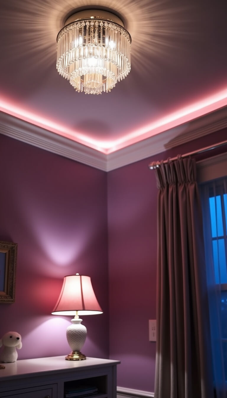 Low-angle shot of a nursery at dusk with mauve walls, showcasing ceiling details, crystal flush mount light, pink-shaded table lamp, and soft LED glow behind crown molding.