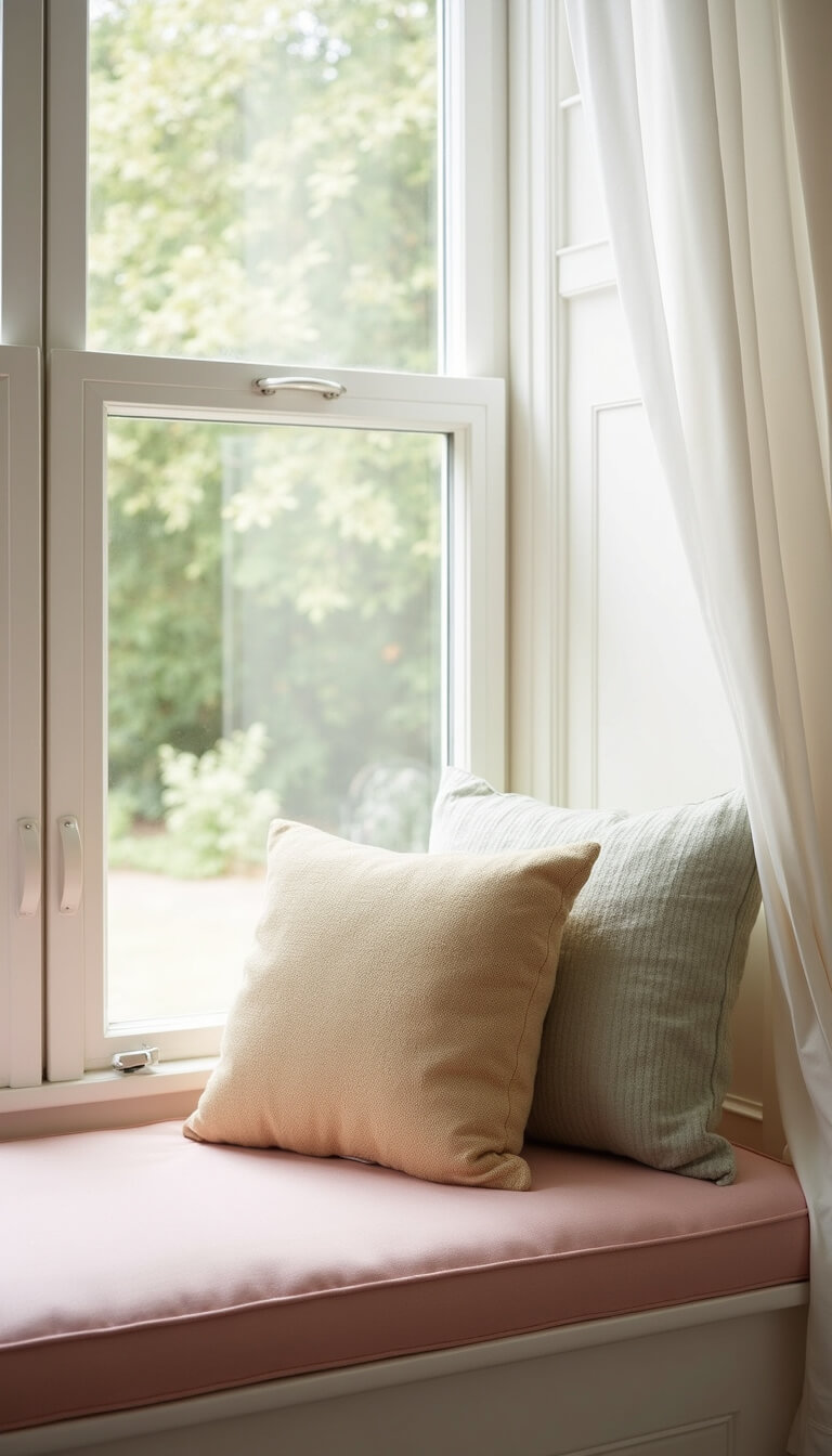Blush pink window seat with ivory, gold, and sage pillows; sheer white curtains billow in soft morning light.