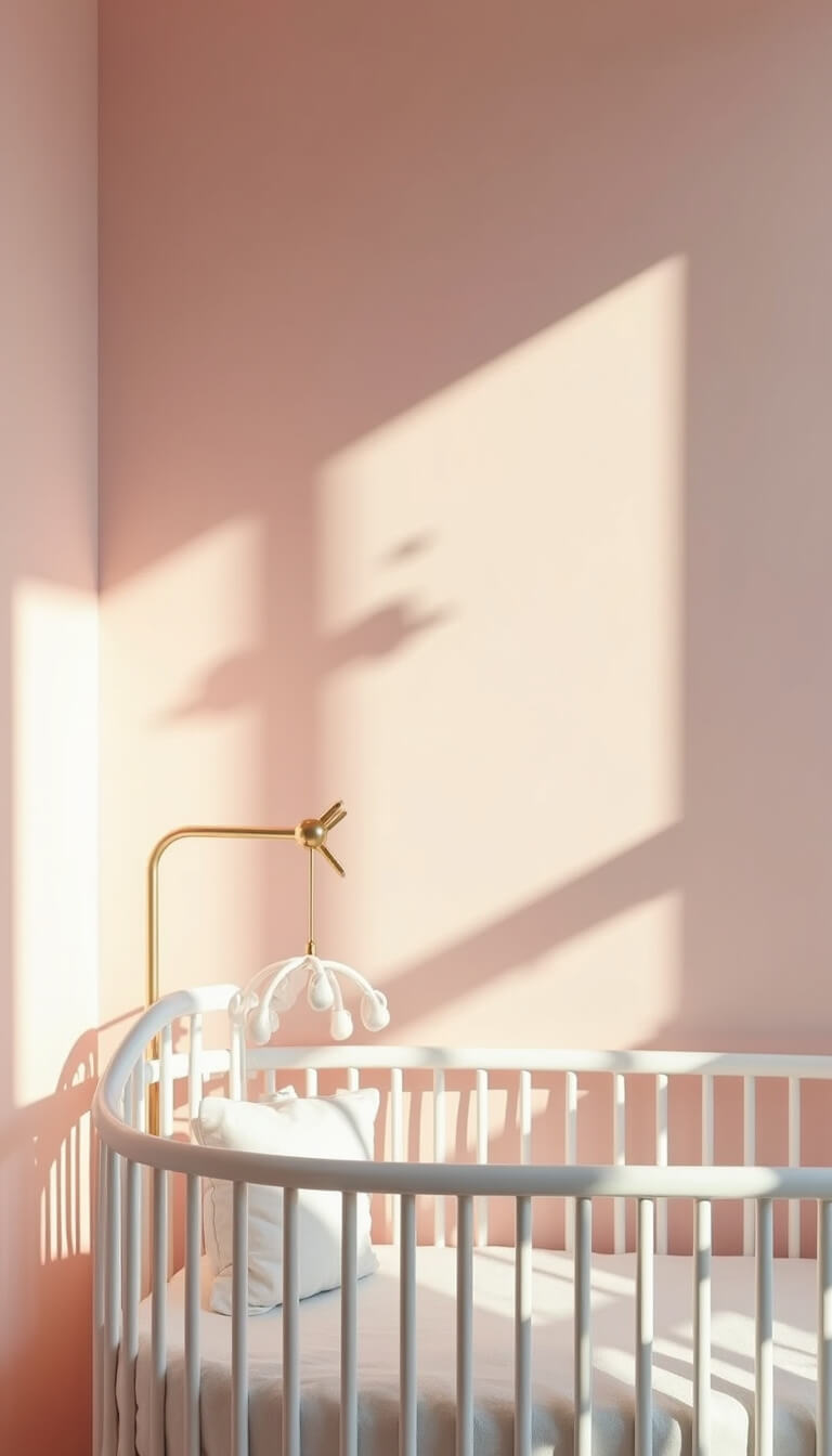 Rose gold mobile casting shadows above white crib with layered bedding against soft pink walls in morning light.