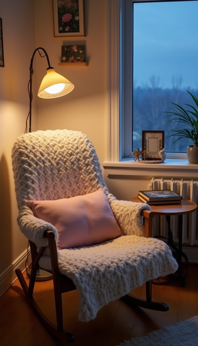 Rocking chair corner with chunky knit blanket, muted pink nursing pillow, and styled side table lit warmly during blue hour.