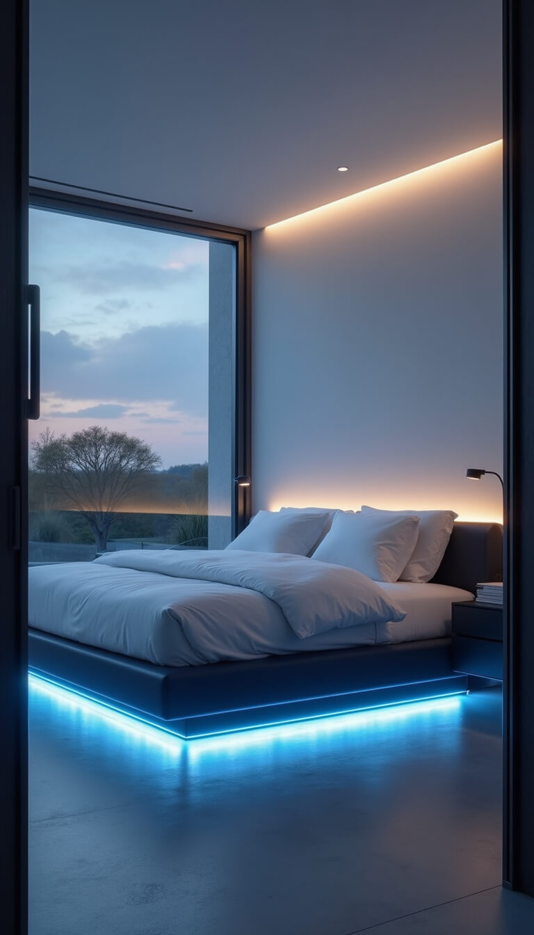 Modern minimalist bedroom at dusk with LED lighting, floating bed, and large window creating a serene, futuristic ambiance.