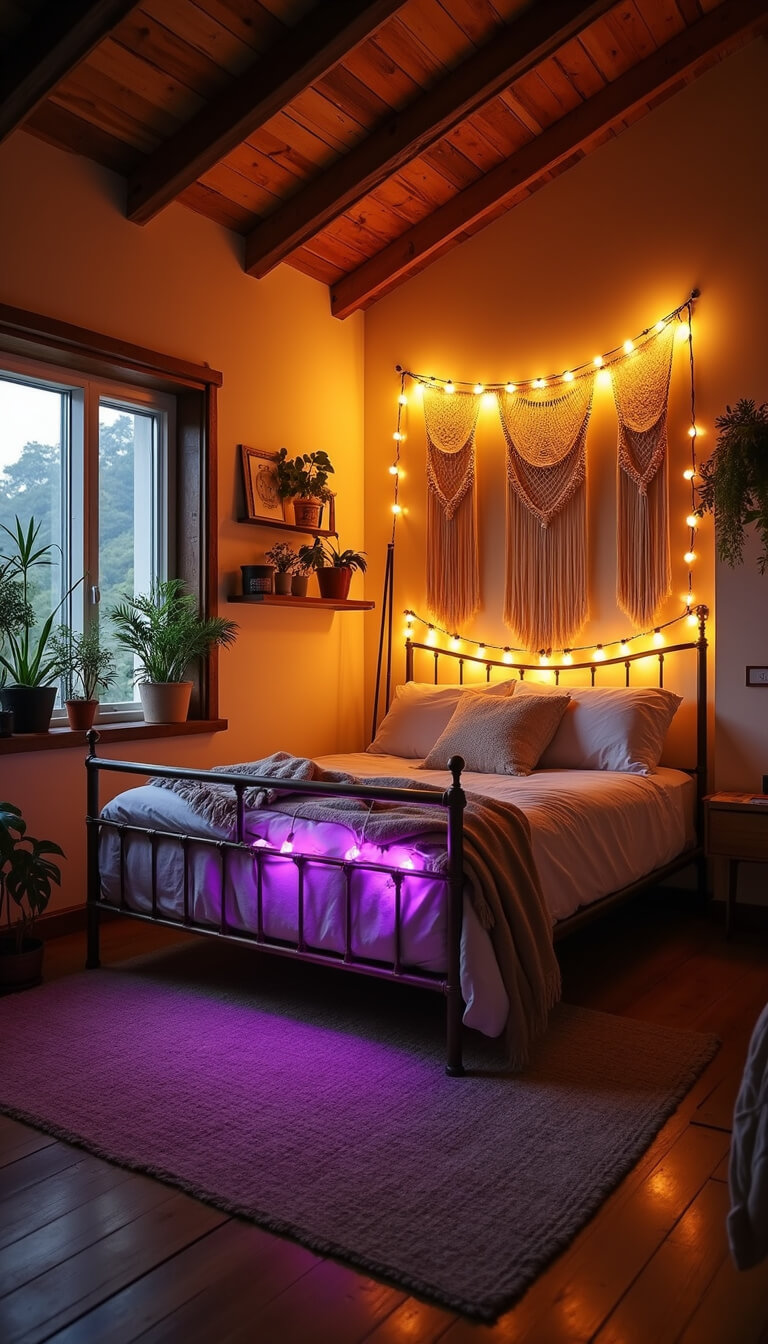 Boho-style bedroom with warm amber and purple LED lighting, vintage brass bed, macramé wall hangings, string lights through plants, jute rug, and exposed wooden beams at sunset.