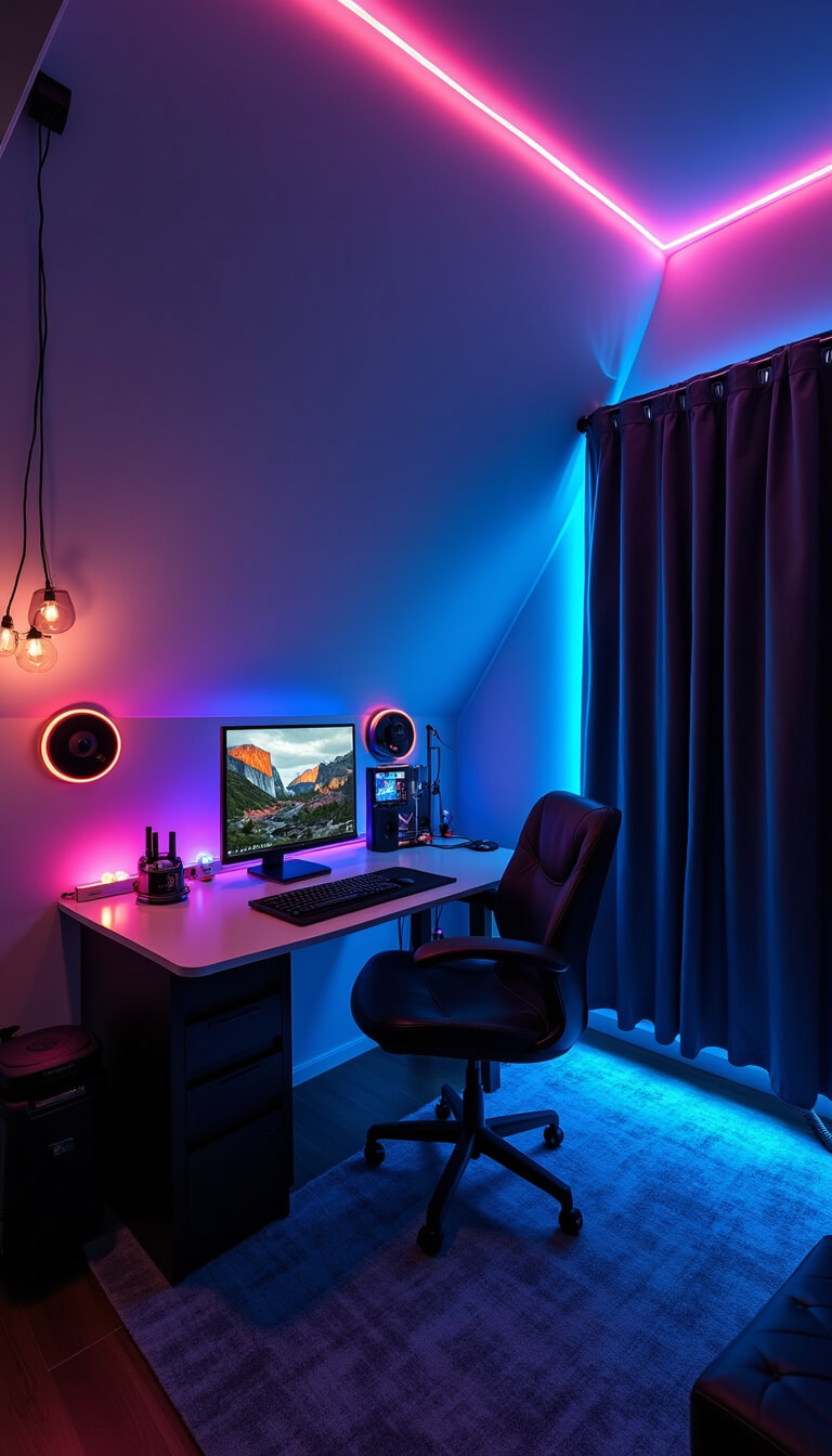 Cyberpunk-themed teenage bedroom at night with vibrant RGB LED lighting, smart sconces pulsing to music, and a glowing floating desk, viewed from above.