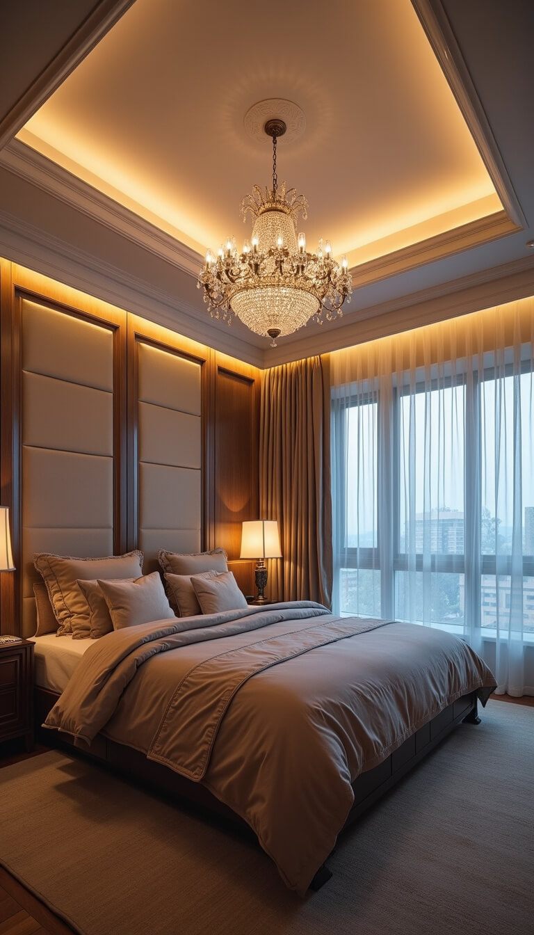 Luxurious master bedroom with tray ceiling, warm LED cove lighting, crystal chandelier, and textured bedding at twilight.