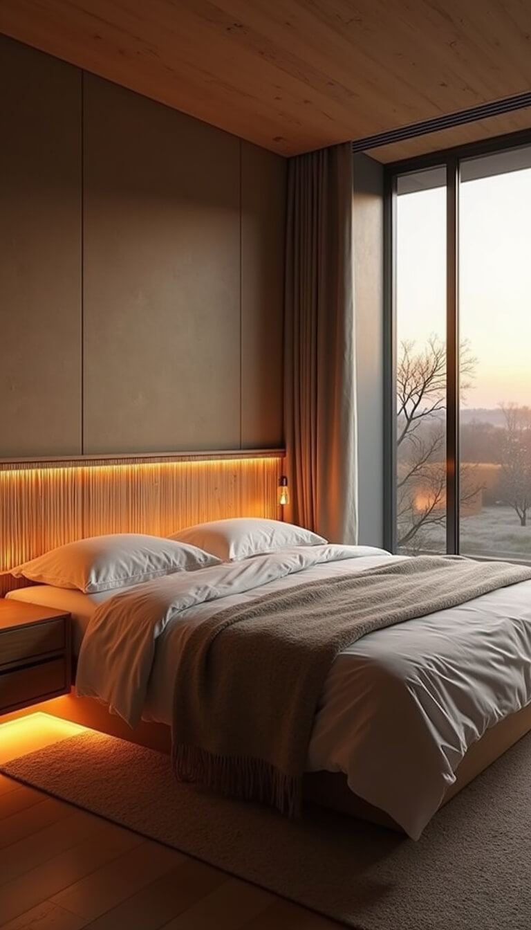 Contemporary zen bedroom at dawn with floor-to-ceiling windows, glowing bamboo headboard, floating nightstands, and soft ambient lighting creating serene shadows.