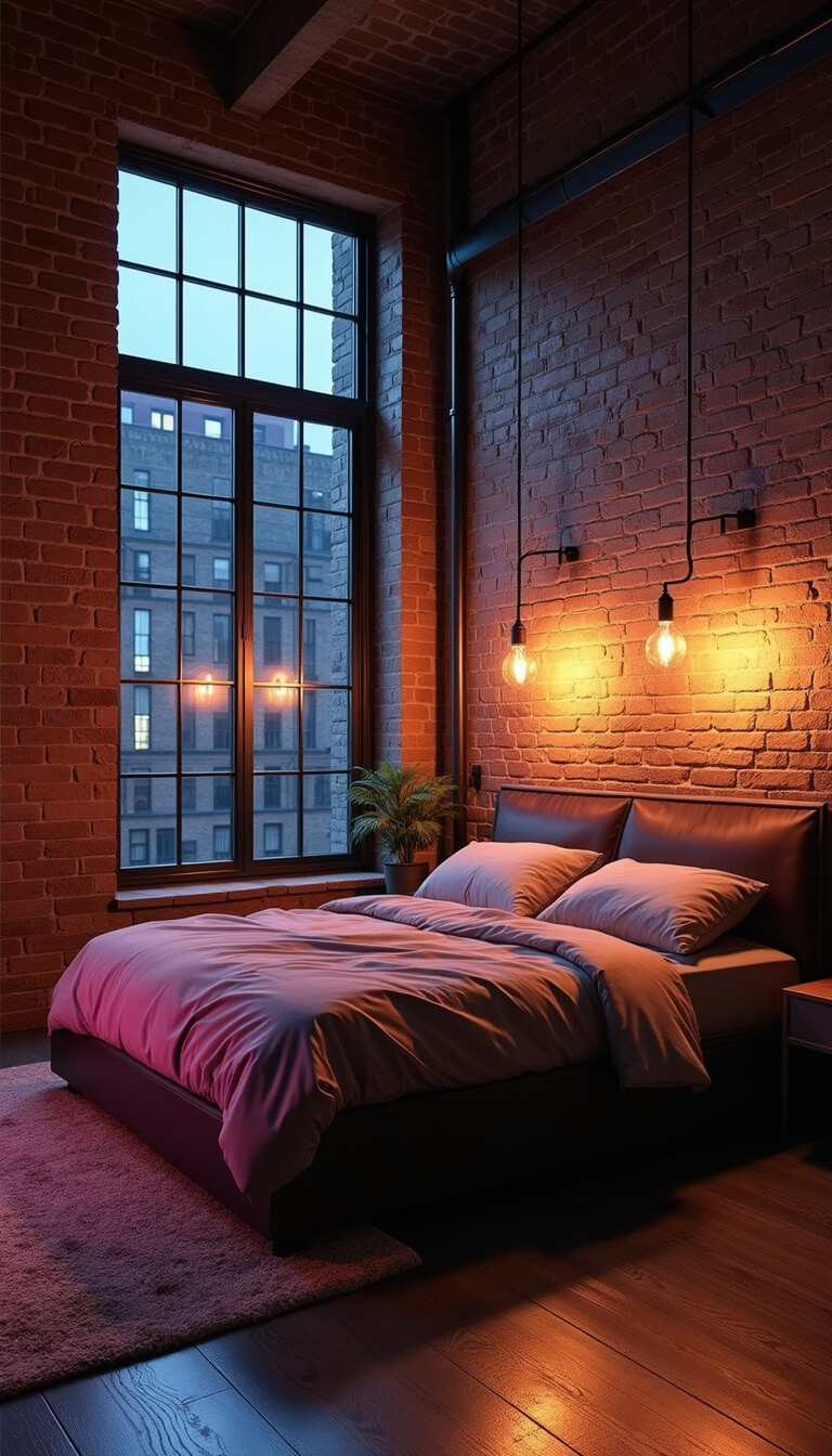 Moody industrial loft bedroom at midnight with exposed brick walls, large factory windows framed by color-changing LED tubes, and metal beams lit by strip lighting. Edison bulbs and modern LEDs enhance the urban atmosphere.