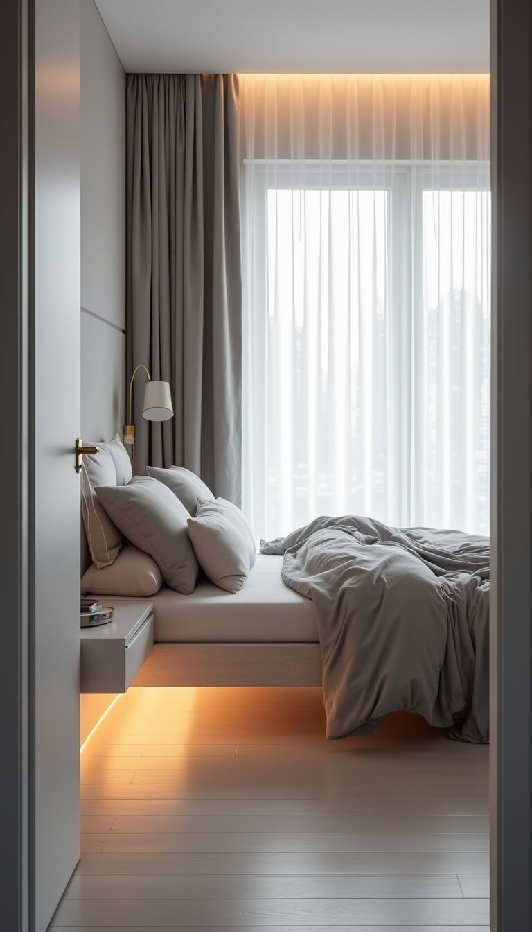 Scandinavian style bedroom at dusk with soft LED lighting, white wooden floors, sheer curtains, and minimal gray and white decor, viewed from doorway.