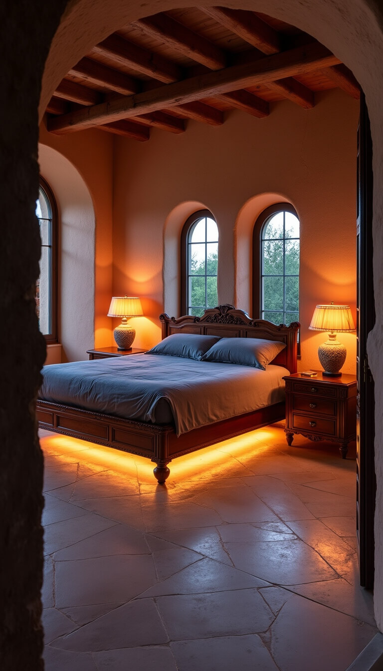 Mediterranean-style bedroom at sunset with arched windows, warm LED lighting highlighting stucco walls, floating carved wooden bed with under-lighting, terracotta and deep blue accents, viewed from entrance.