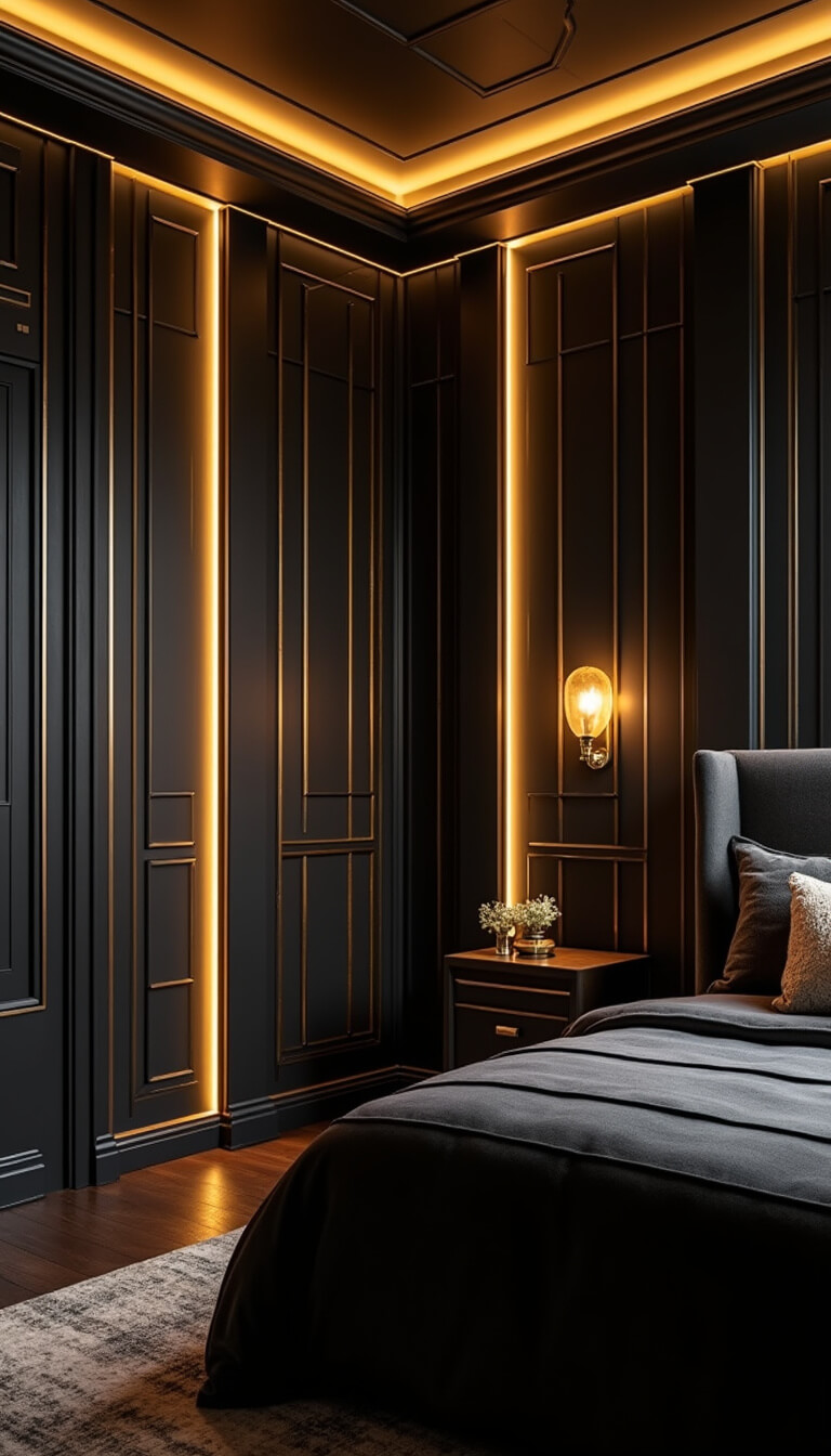 Art Deco bedroom at night with black and gold color scheme, geometric wall panels, LED-lit architectural details, vintage-style sconces, and symmetrical layout viewed from corner.
