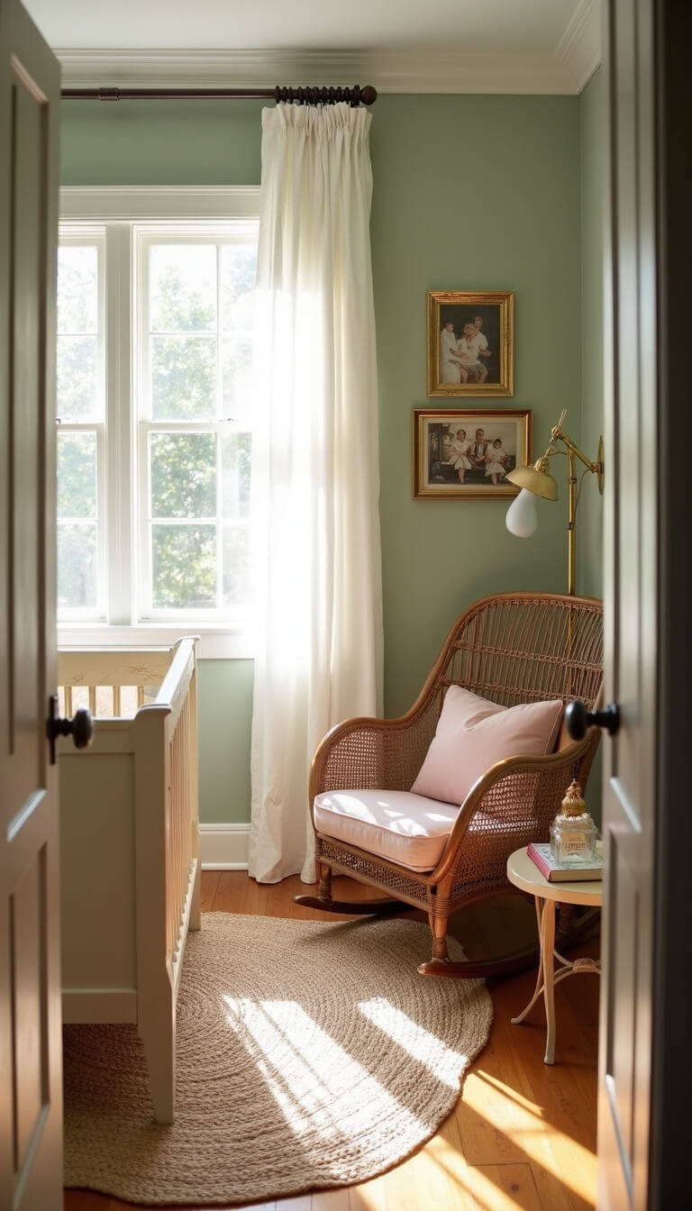 Nursery with antique cream Jenny Lind crib, sage green walls, jute rug, wicker rocking chair with dusty rose cushions, and gallery wall of gold-framed family photos, bathed in morning light through white linen curtains.