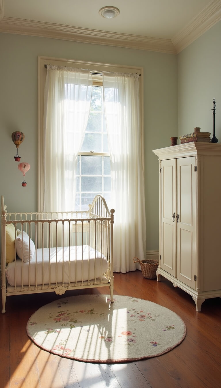 Square 11x11ft vintage-style nursery with crown molding, soft morning shadows, white wrought iron crib, hot air balloon mobile, cream armoire, and muted floral wool rug.