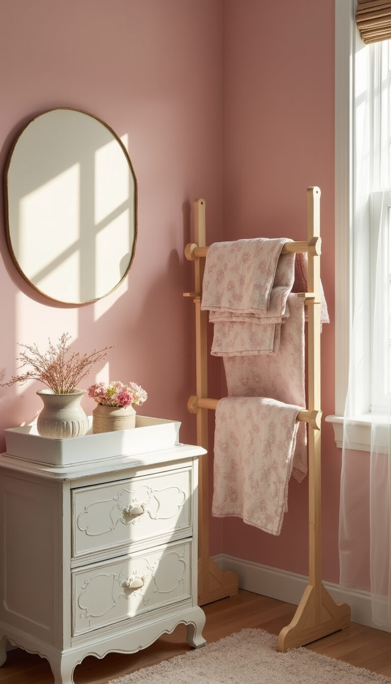 Cozy pink nursery corner with Victorian changing table, vintage quilts, and dried flowers in soft afternoon light.