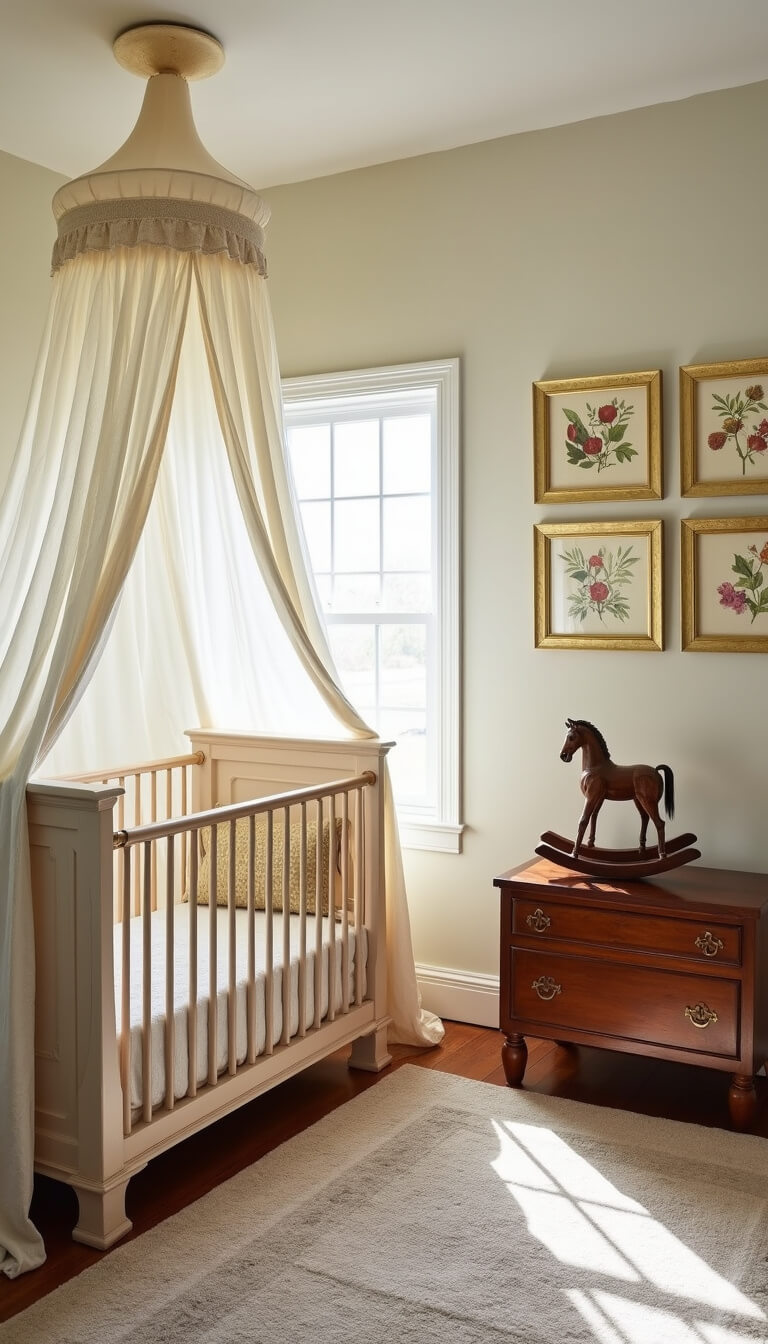 Bright nursery with sheer canopy over vintage crib, cedar chest, botanical gallery wall, and antique rocking horse, lit by morning sunlight.