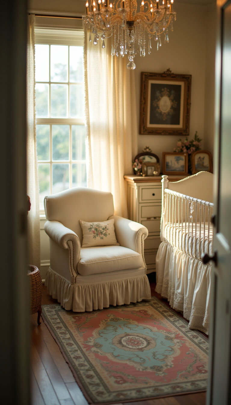 Golden hour nursery with French provincial crib, vintage bedding, antique dresser, Persian rug, and crystal chandelier, viewed from doorway with soft focus.