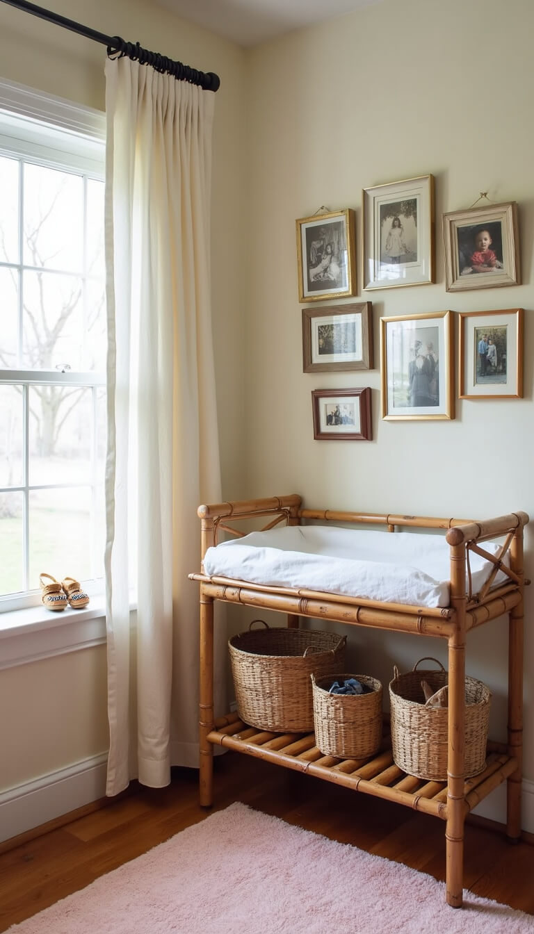 L-shaped nursery nook with vintage bamboo changing table, woven baskets, antique baby shoes, mismatched frame gallery wall, and pale pink overdyed Turkish rug in soft afternoon light.