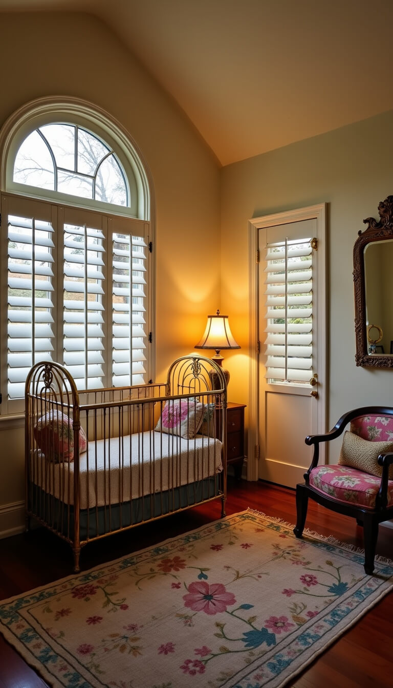 Vintage-inspired nursery with brass crib under cathedral ceiling, crystal prisms sparkling, needlepoint pillows, and warm lamp light reflected in Art Deco mirror.
