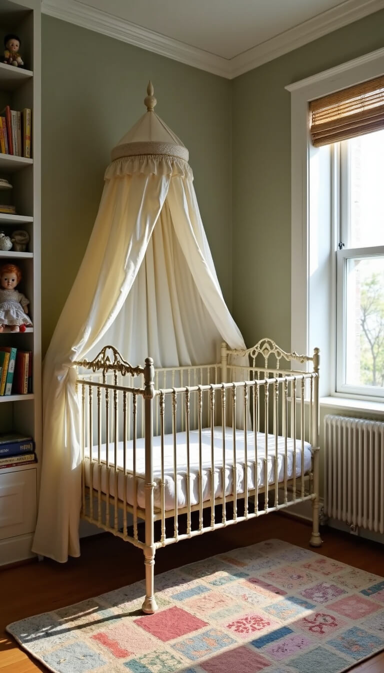 Cozy 9x11ft nursery with iron crib under vintage canopy, antique books and dolls on built-in shelves, and colorful patchwork quilt, lit by morning sunlight.