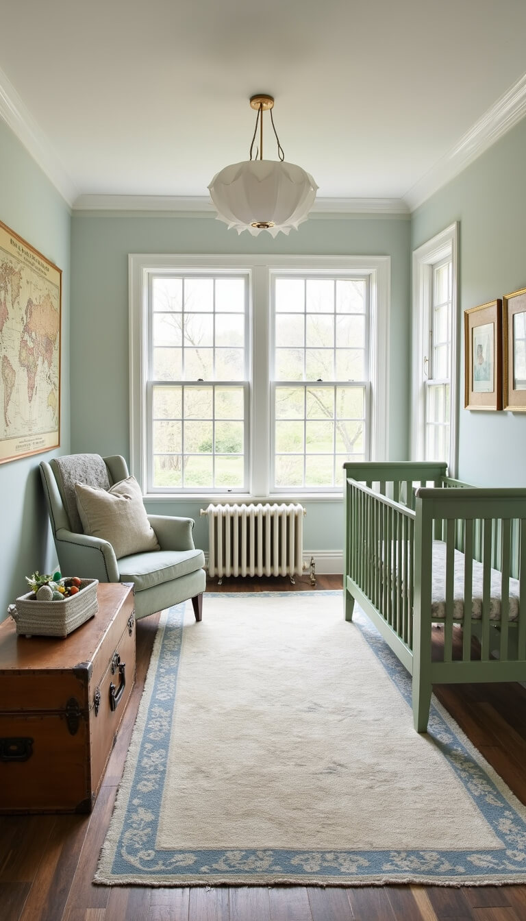 Spacious 15x18ft nursery with sage green Jenny Lind crib, vintage toy trunk, antique map gallery wall, cream and dusty blue Persian rug, and sunlit through floor-to-ceiling windows.
