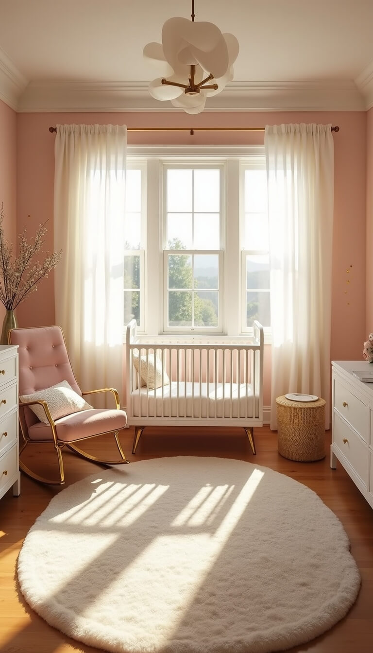 Warm, sunlit nursery with blush pink walls, white crib, velvet glider, and soft textures at golden hour.