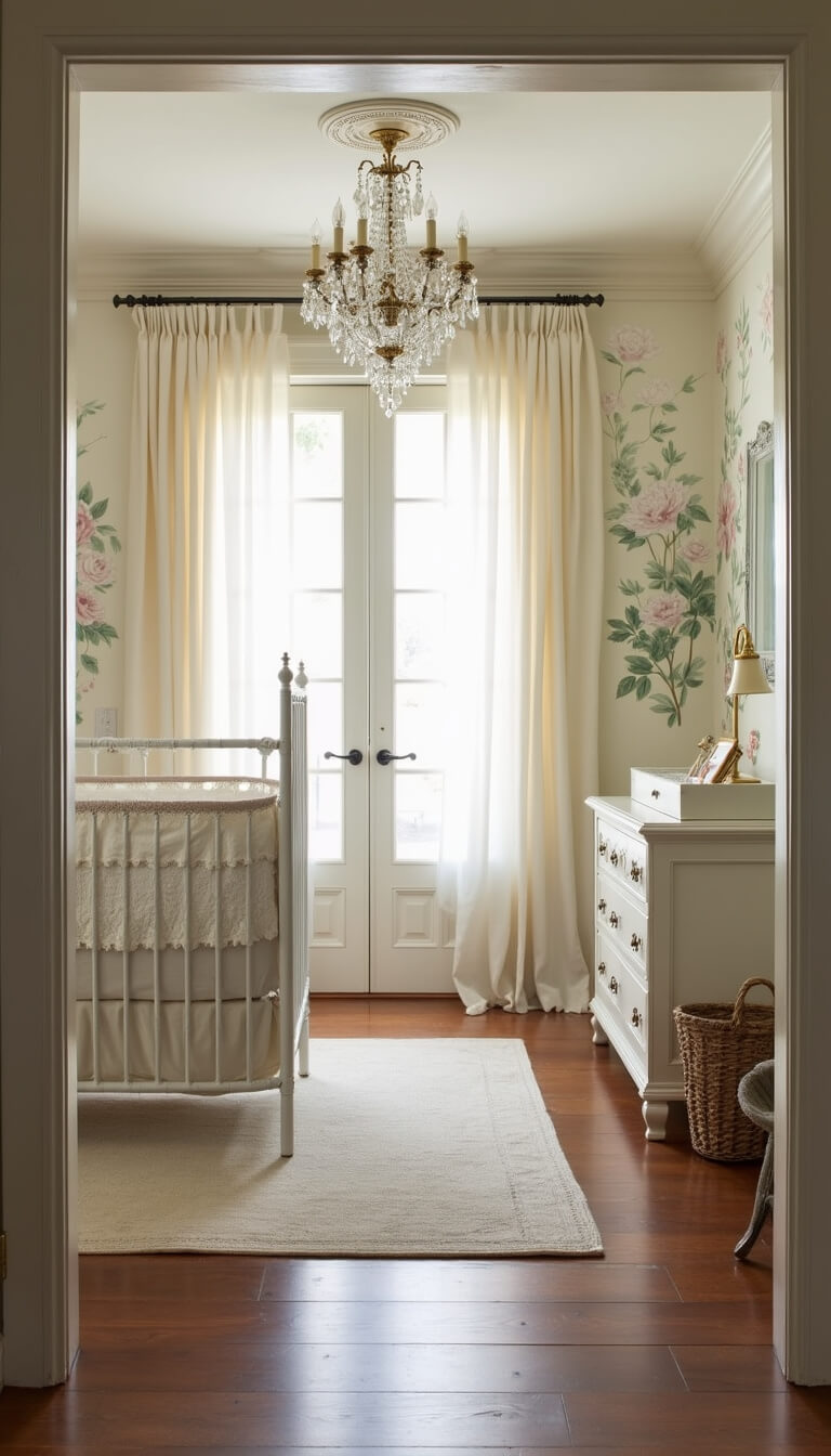 Vintage-inspired nursery with cream walls, botanical mural, antique iron crib, crystal chandelier, and French doors with sheer curtains.