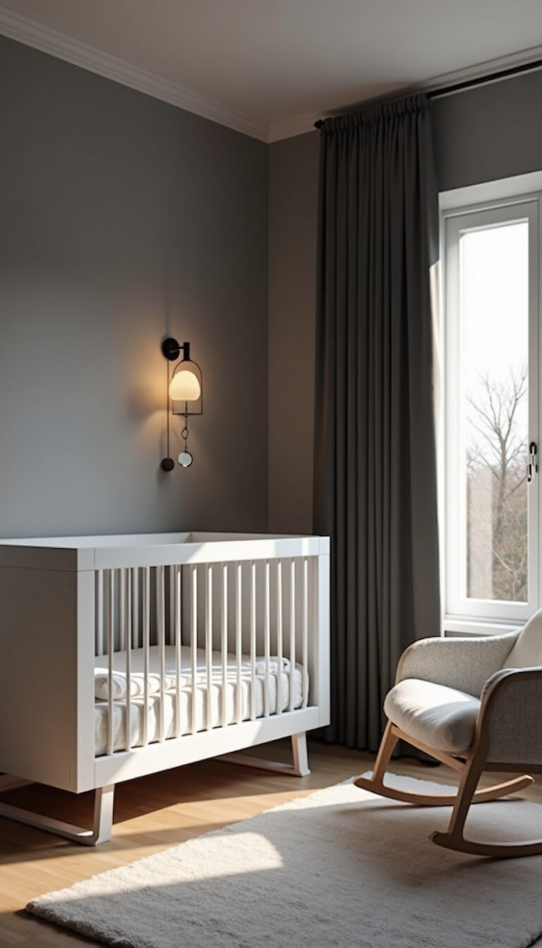 Modern minimalist nursery at dusk with white acrylic crib, LED sconces, geometric mobile, and Scandinavian rocker near floor-to-ceiling windows with blackout curtains.