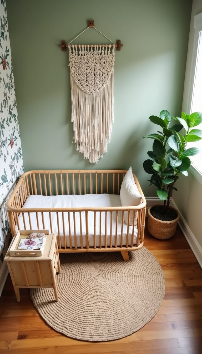 Overhead view of a nursery with sage green floral accent wall, rattan crib, bamboo changing table, fiddle leaf fig, and layered jute rug on bamboo flooring.