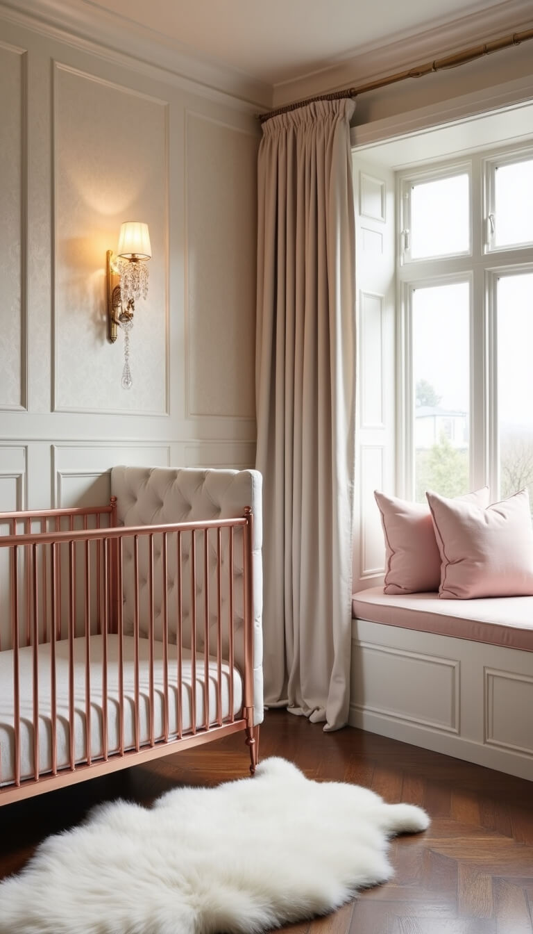 Luxury nursery with champagne silk wallpaper, rose gold crib, blush velvet window seat, and crystal lighting at twilight.