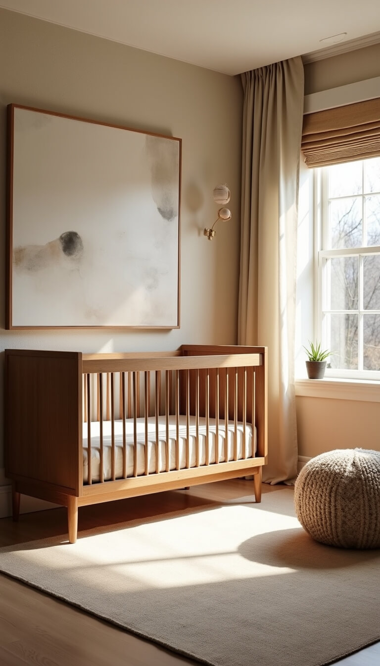Low-angle view of cozy 11x13ft nursery with warm beige wallpaper, modern walnut crib, abstract art, and soft natural light filtering through roman shades.