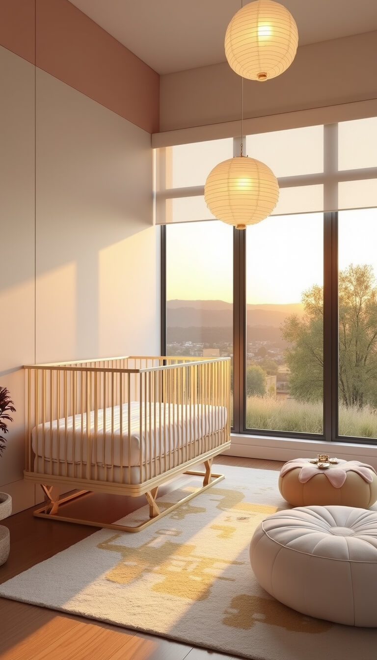 Contemporary 16x16ft nursery at sunset with blush and white color-blocked walls, Lucite crib with gold accents, floor-to-ceiling windows, cream and gold abstract rug, and oversized paper lanterns.