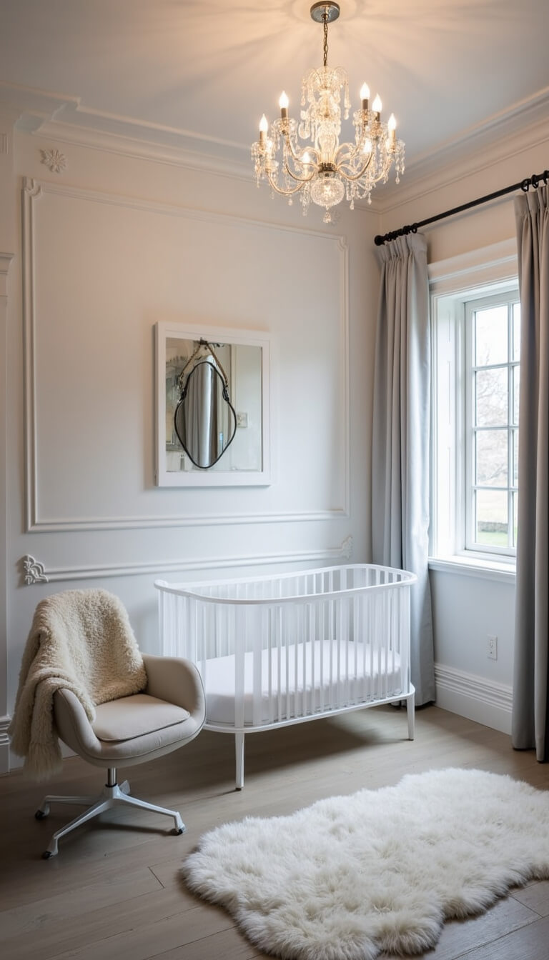 Monochromatic nursery at night with acrylic crib, ghost chair, mirrored furniture, and ambient chandelier lighting.
