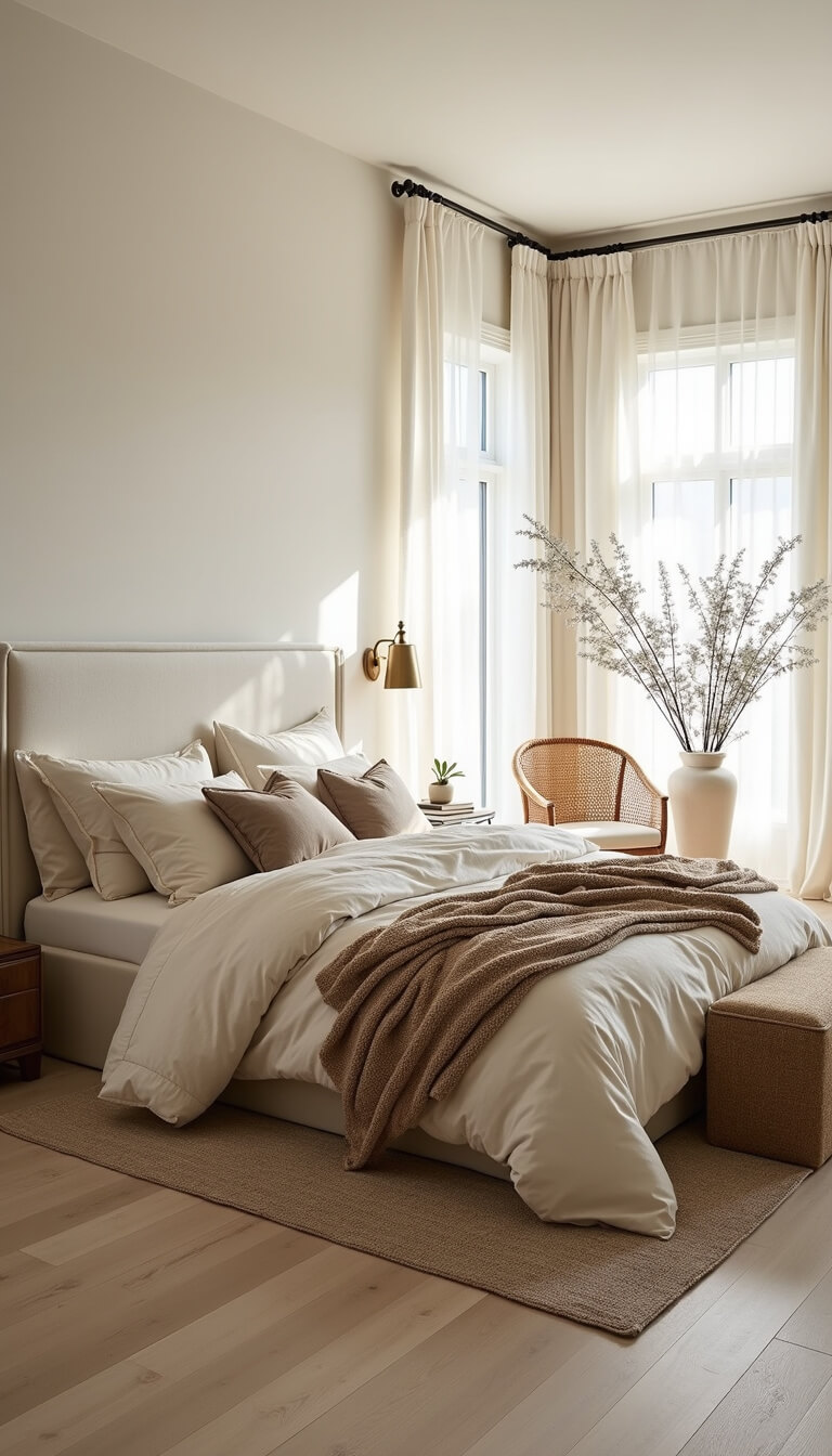 Low-angle view of a sunlit 14x16ft bedroom with whitewashed oak floors, a king bed in neutral bedding, brass sconces, eucalyptus in a vase, and floor-to-ceiling linen-draped windows.