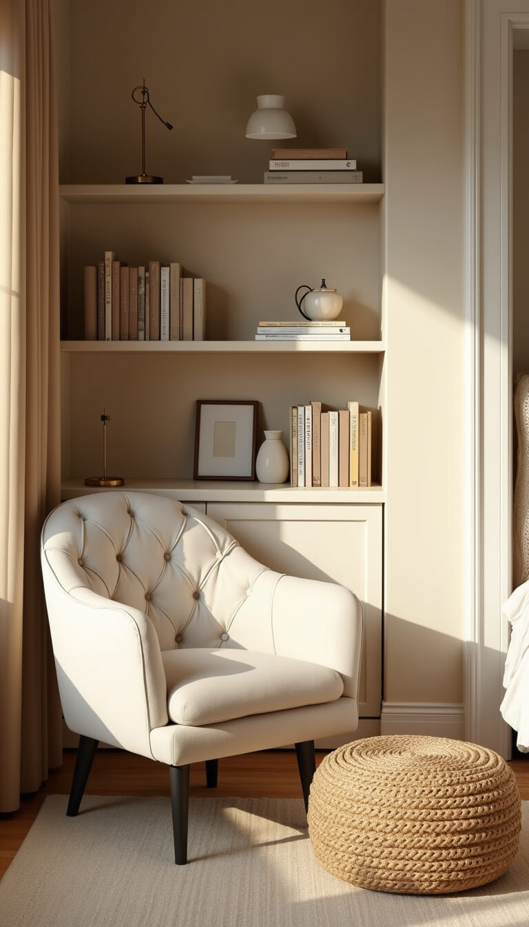 Cozy bedroom reading nook at golden hour with a cream tufted armchair, brass floor lamp, built-in greige shelves, jute pouf, and textured neutral rug.