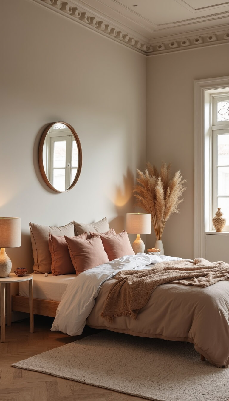 Serene primary bedroom at dusk with light wood platform bed, warm wheat linen bedding, velvet pillows, ceramic lamps, crown molding, and vintage mirror reflecting soft evening light.
