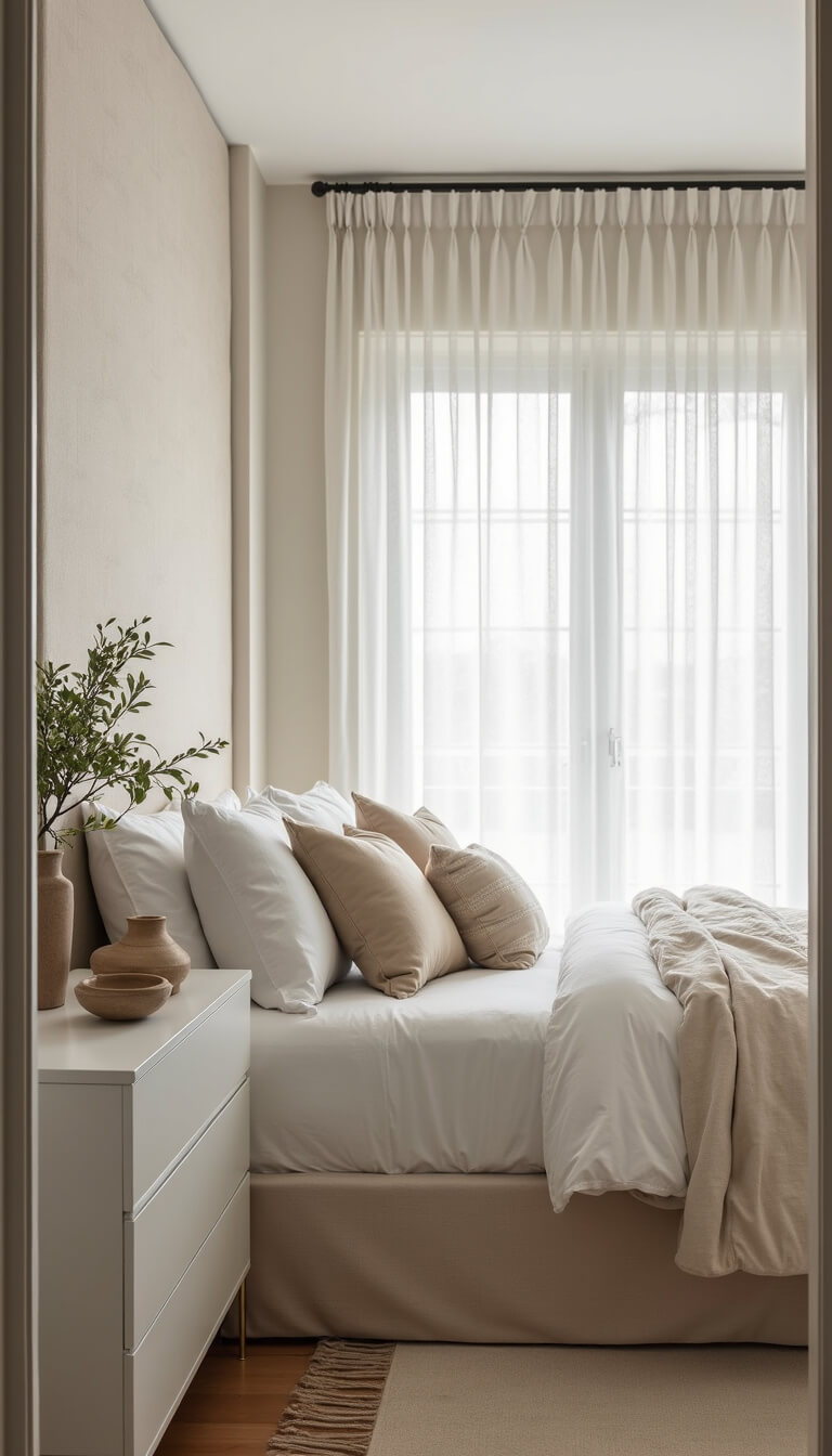 Serene 15x15ft bedroom with floor-to-ceiling linen headboard, layered neutral bedding, white oak dresser with brass accents, and soft morning light through sheer curtains.