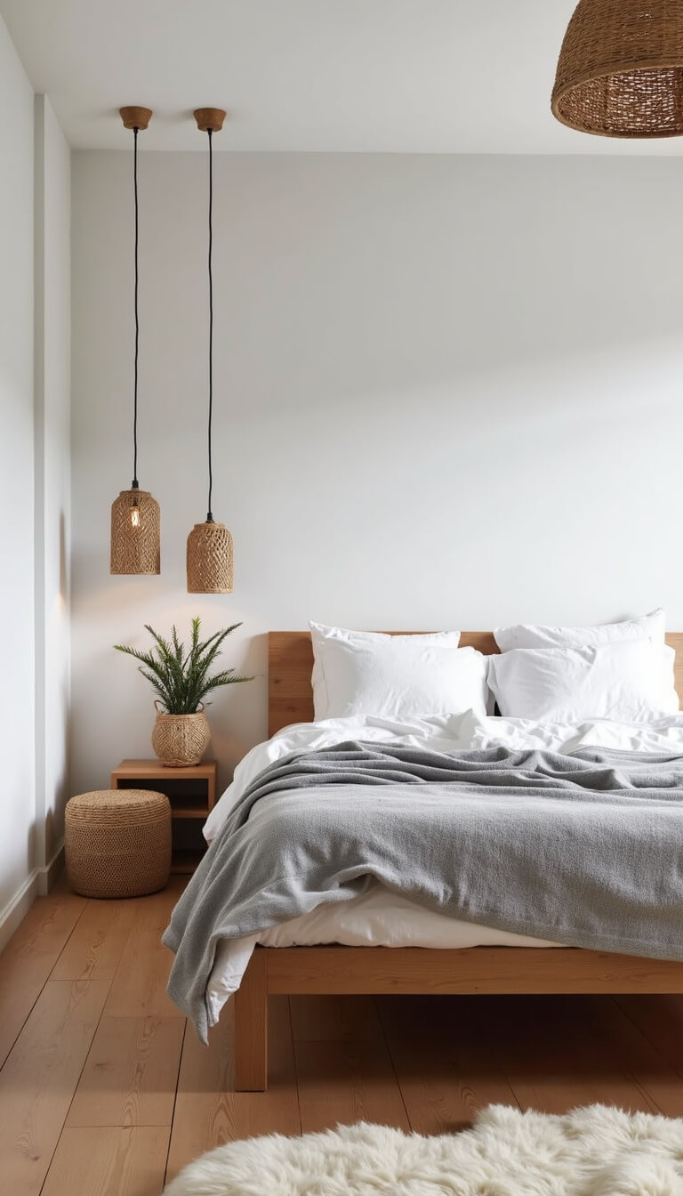 Scandinavian-style 13x14ft bedroom with white walls, light ash wood furniture and floors, simple wooden bed with white linens and grey wool throw, rattan pendant lights, woven baskets, and sheepskin rug, viewed from above.