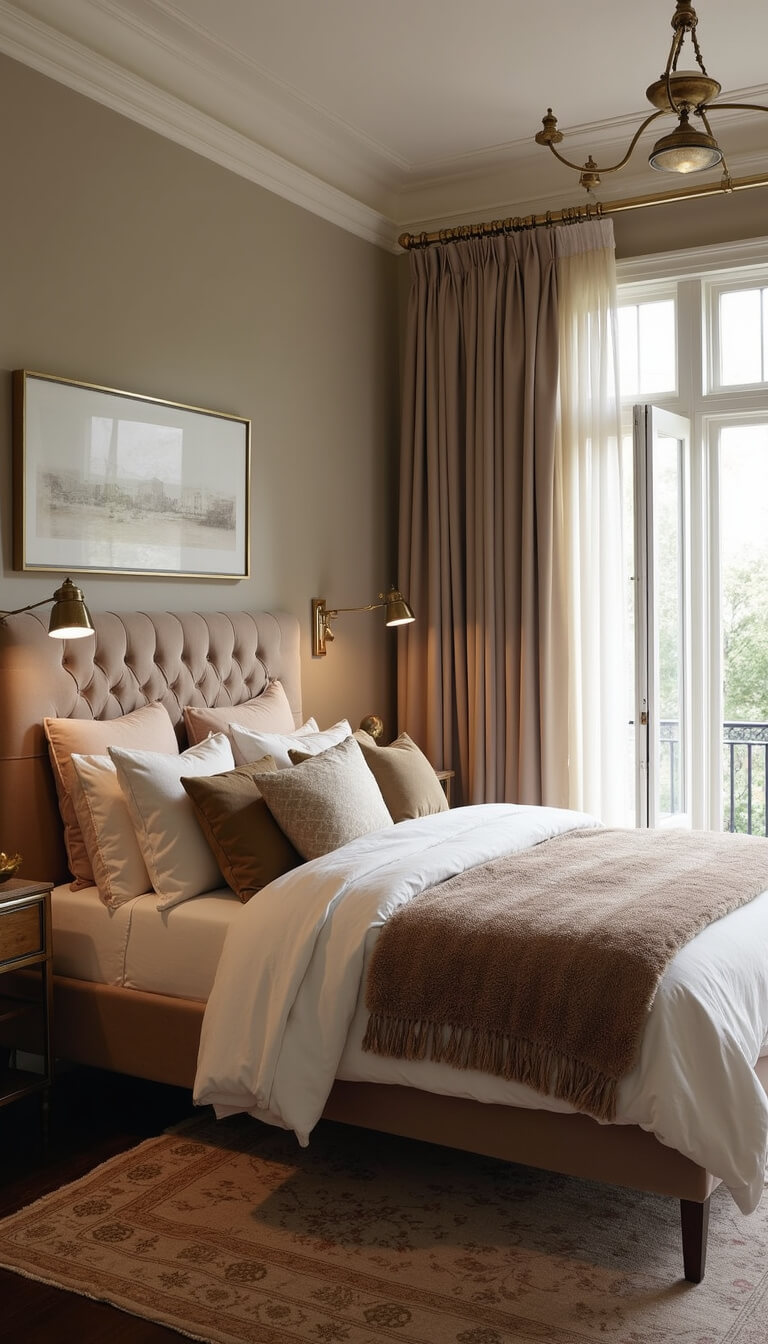 Elegant twilight bedroom with tufted beige velvet bed, layered neutral bedding, vintage Persian rug, brass swing arm lamps, and silk drapes.