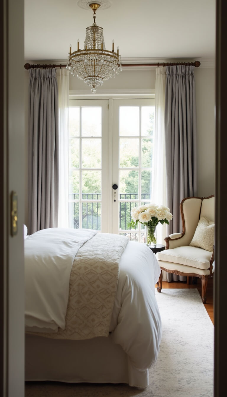 Elegant 14x16ft bedroom with French doors, cream wingback bed in white and champagne linens, vintage chandelier, grey silk curtains, and fresh roses in mercury glass vases.