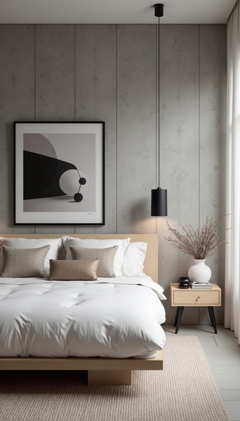 Modern 16x15ft bedroom with concrete accent wall, low-profile bleached oak bed, white bedding, neutral pillows, black sconces, geometric pottery, and black and white photograph.