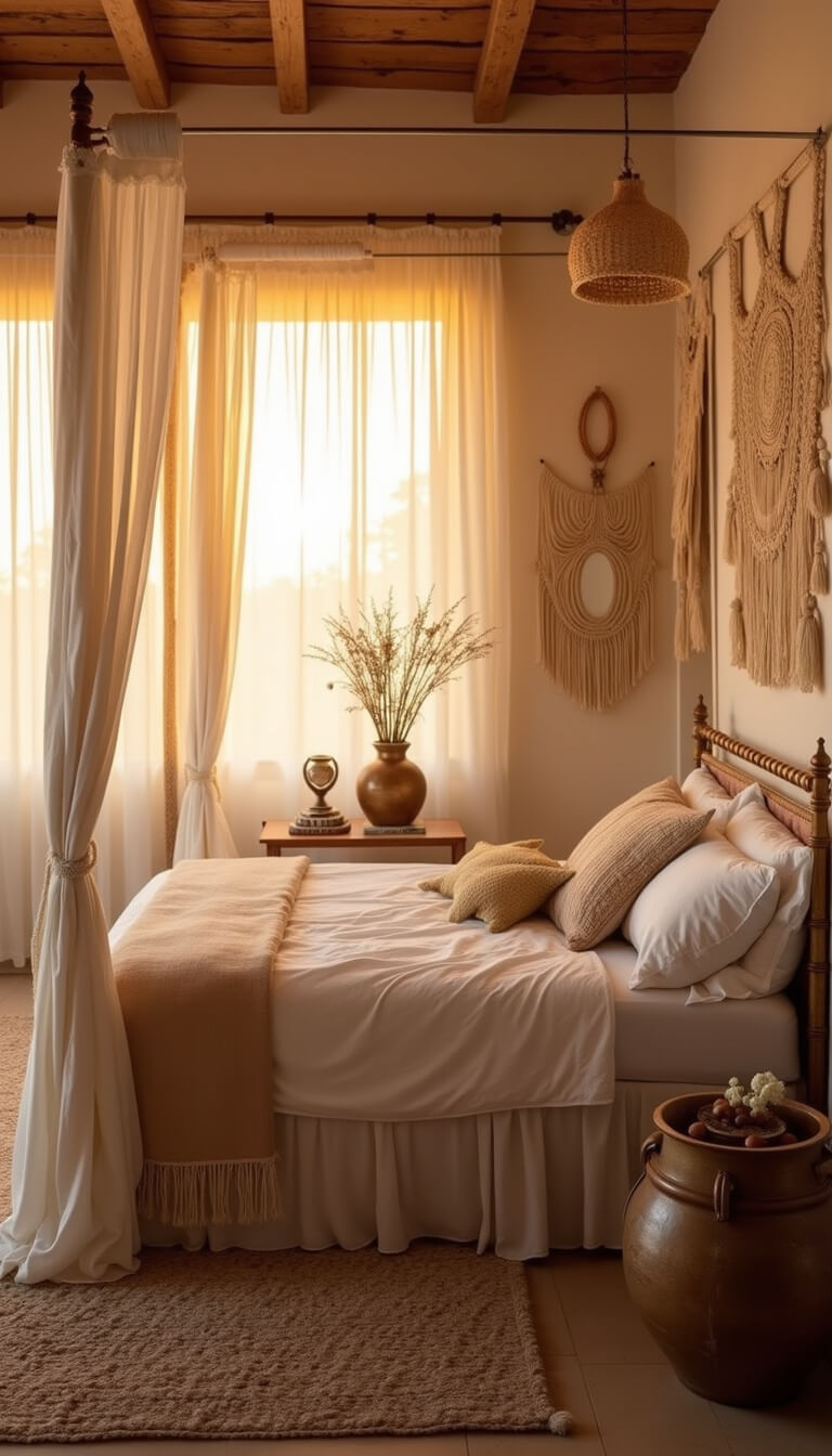 Bohemian 15x15ft bedroom at sunset with a canopy bed, vintage rugs, macramé wall hangings, and golden light filtering
</p></noscript>
<div class=