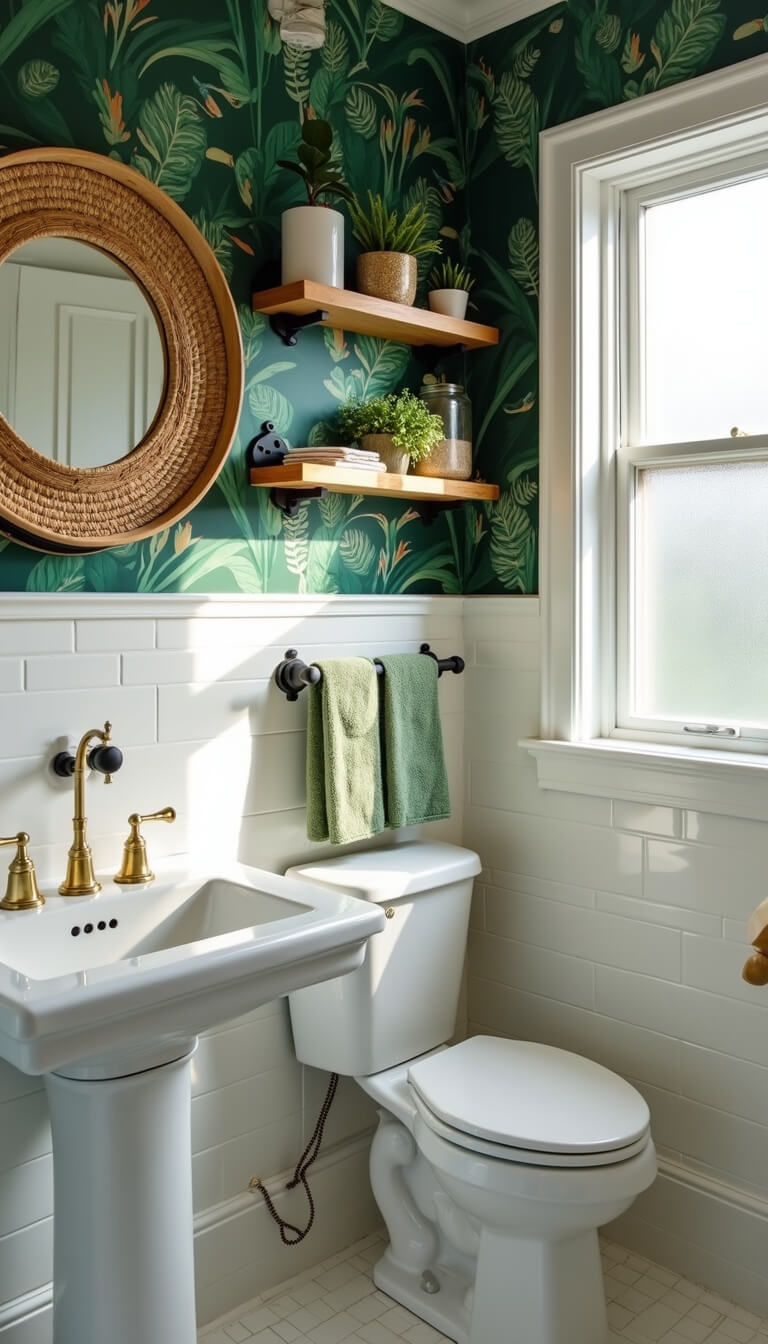 Modern bohemian rental bathroom with emerald tropical wallpaper, pedestal sink, rattan mirror, and sunlight filtering through frosted window.