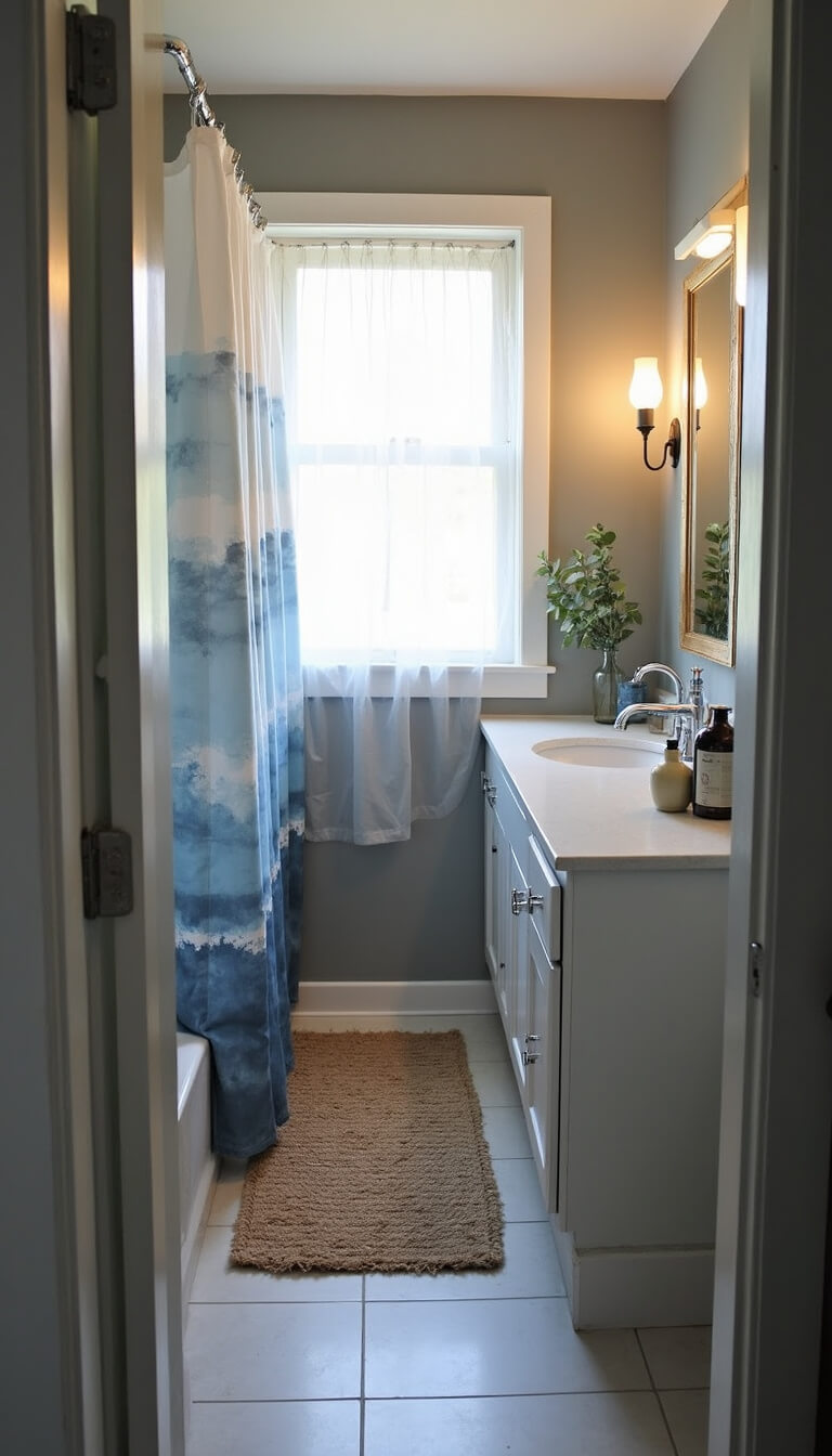 Compact 6x8ft bathroom with abstract blue-gray shower curtain, jute runner, modern vanity, eucalyptus accents, and soft lighting from sconces.