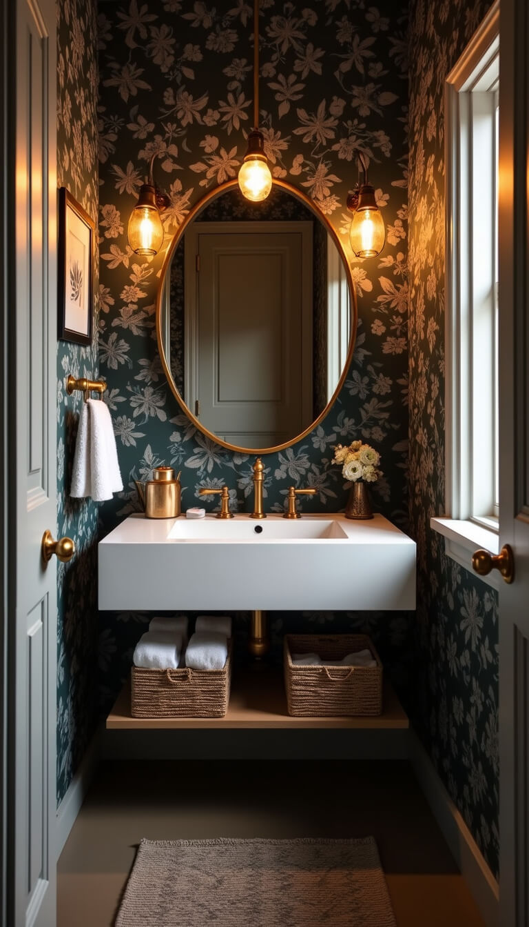 Moody 5x7ft powder room with dark floral wallpaper, floating white vanity, brass lighting, black-framed art, and woven basket under sink.