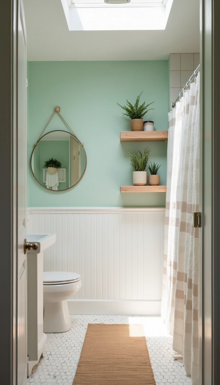 Coastal-style 7x9ft bathroom with seafoam green accent wall, white beadboard, round mirror, white oak shelves, striped shower curtain, and bamboo bath mat.