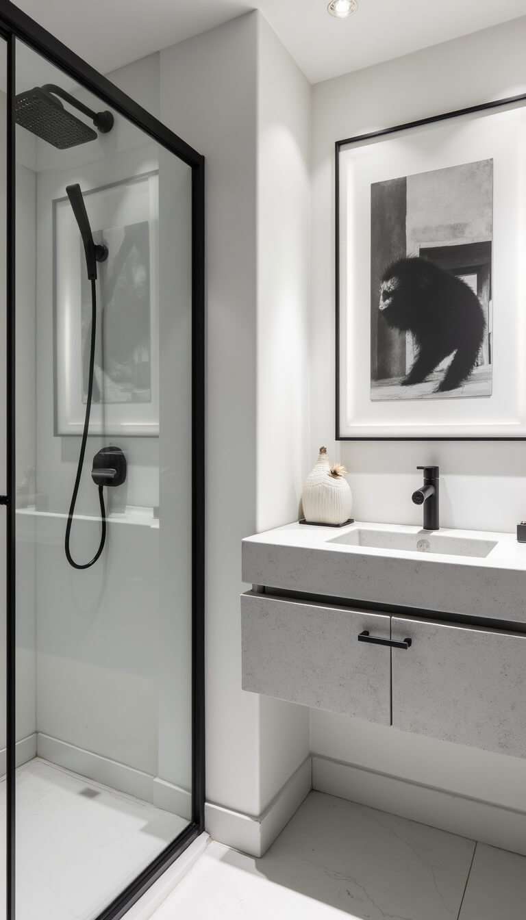 Scandinavian-inspired modern 6x8ft bathroom with matte black fixtures, concrete-look floating vanity, LED backlit mirror, and black-framed glass shower door.