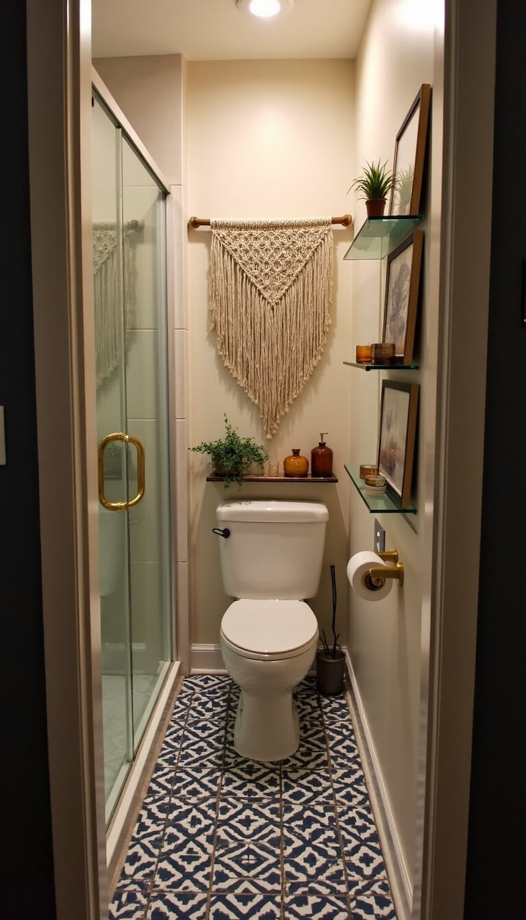 Cozy 5x6ft Moroccan-inspired bathroom at dusk with geometric navy and white tiles, brass fixtures, macramé wall hanging, and glass shelves with amber containers and ferns.