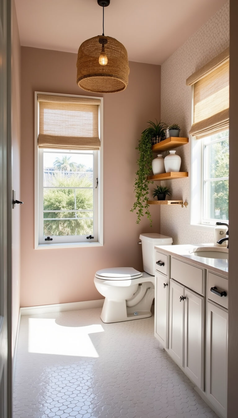 Bright California casual 8x8ft bathroom with pale pink walls, terrazzo-print feature wall, white penny tile floor, rattan pendant light, built-in shelves with ceramics and plants, and natural fiber roman shade filtering mid-morning sunlight.