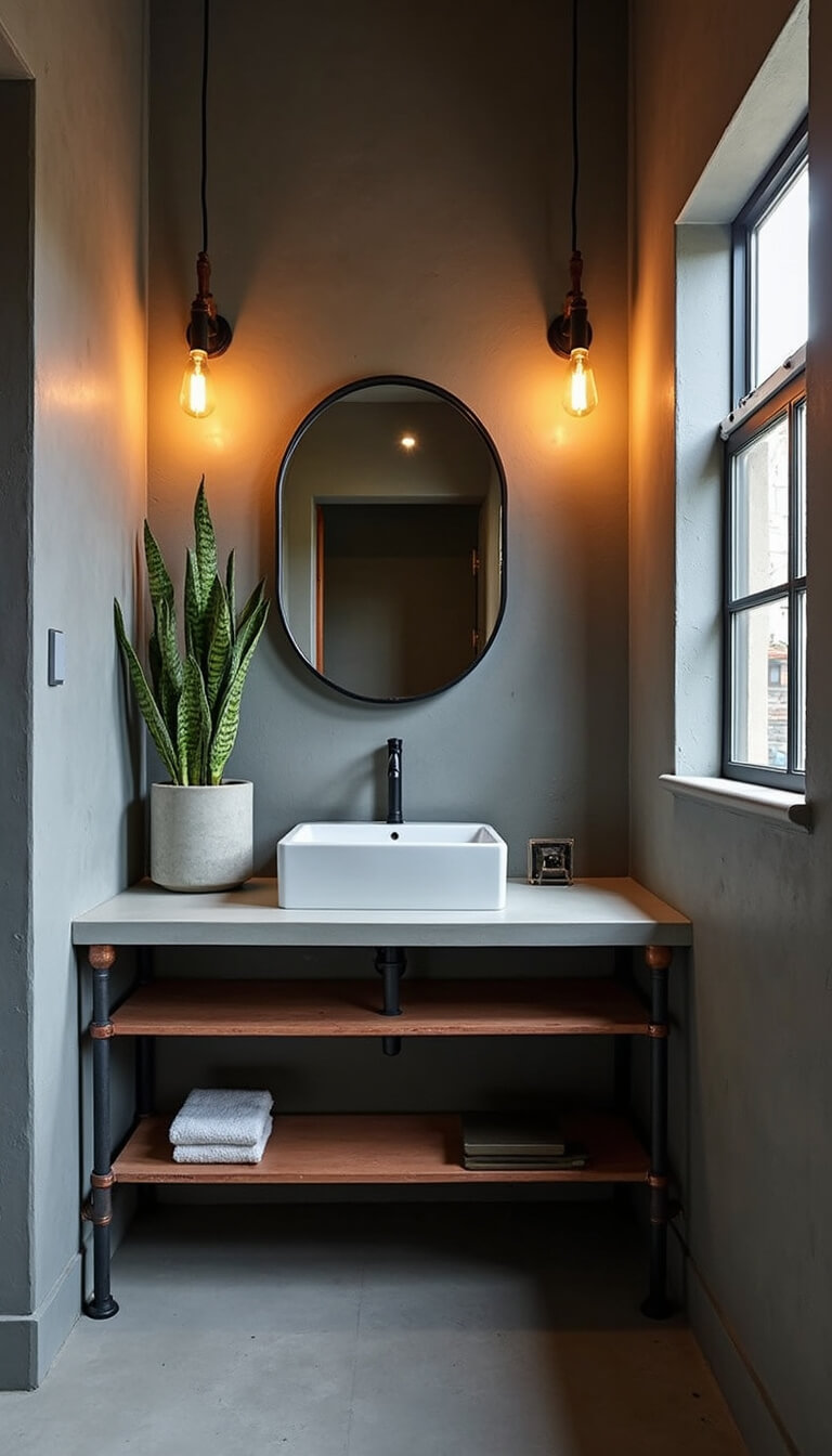 Industrial-chic 7x8ft bathroom with copper pipe shelving, Edison bulb sconces, black-framed mirror, and snake plant in concrete planter against gray walls.