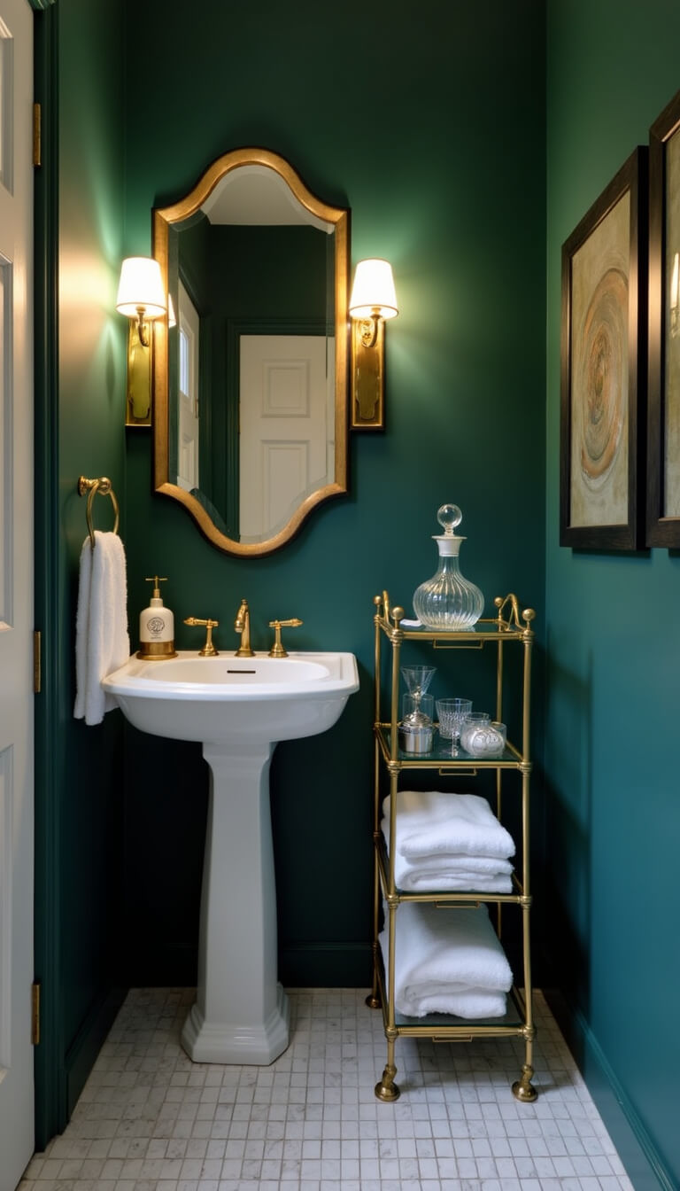 Small Art Deco bathroom with deep green walls, gold geometric mirror, glass and brass shelving, white fixtures, and ambient blue hour lighting.