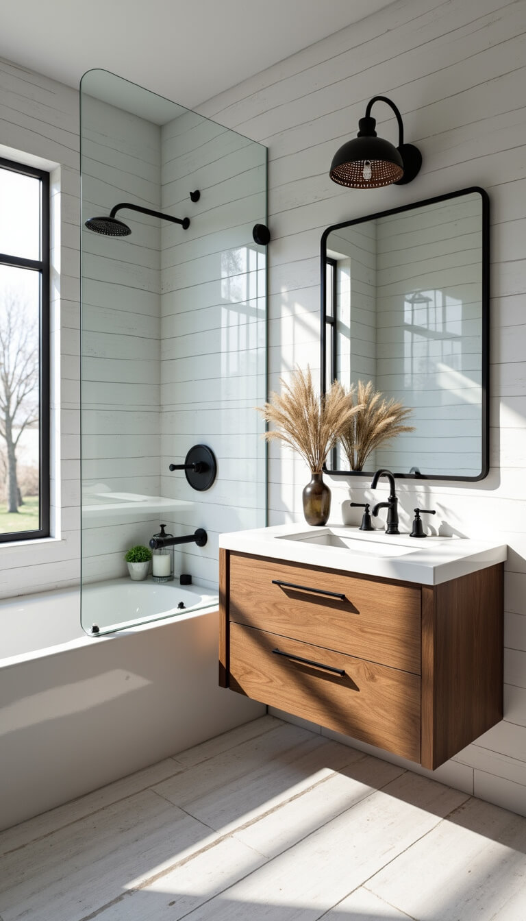 Modern farmhouse bathroom with shiplap-print wallpaper, black-framed glass shower, floating wood vanity, and woven pendant light.